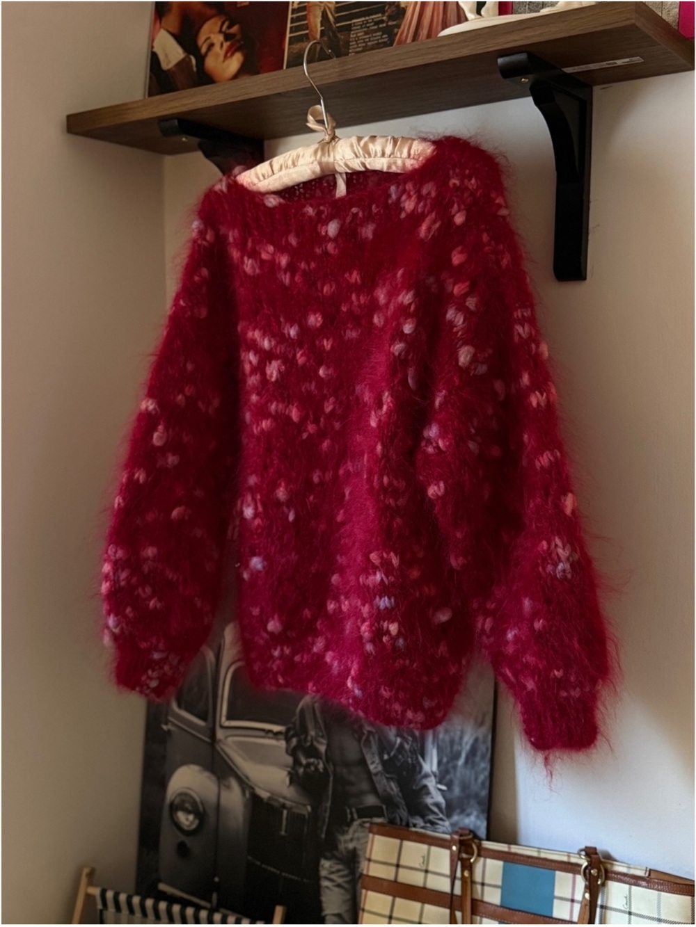 Vintage Women's Fuzzy Crewneck Sweater - Deep Red with Pink Speckles